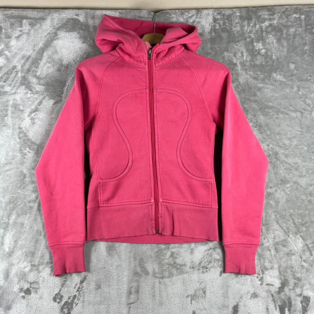 Lululemon Scuba Full Zip Hoodie Womens XS Pink Distressed Logo Fleece